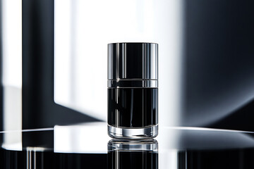 Sleek modern black glass perfume bottle with silver accents reflecting light on a dark surface