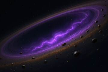 Vast cosmic nebula with swirling purple gas and orbiting asteroids in deep space