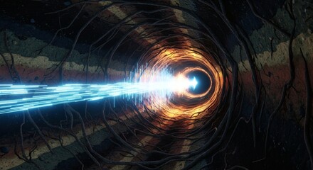 digital light beam traveling through an underground tunnel with earth layers and roots, representing data flow, connection, and technology in nature