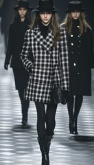 Stylish models in monochrome fashion walk the runway, showcasing elegant coats and chic hats in a sleek, modern presentation.