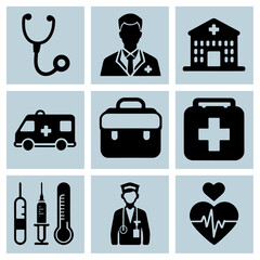 Collection of medical icons bundle including stethoscope ambulance hospital and heart silhouette