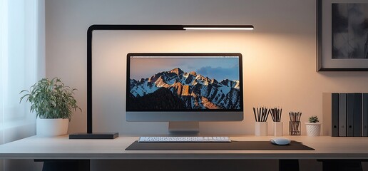 Modern workspace setup featuring a sleek monitor and a contemporary lamp illuminating the desktop