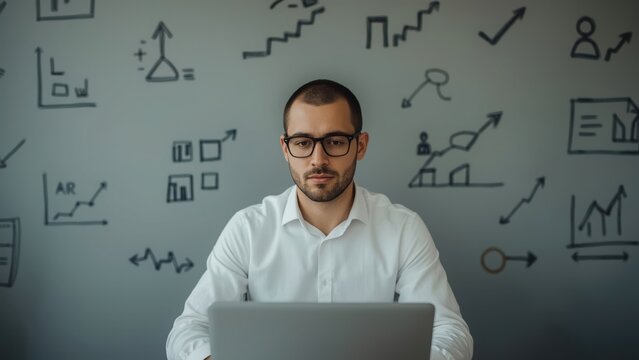  A serious man in glasses working on a laptop against a background wall with business graphs and symbols.