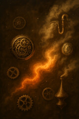 Intricate steampunk gears and pipes emitting fiery energy and smoke