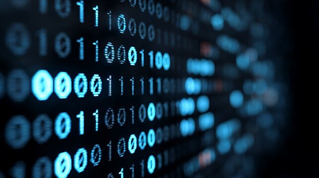 Close up of a computer screen displaying binary code in shades of blue on a dark background