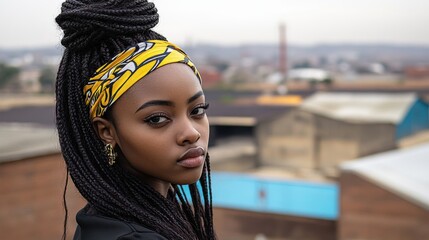 Portrait of a woman with braided hair, a yellow headband, and earrings with an urban background.