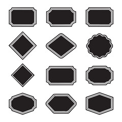 Collection of twelve diverse black and white graphic design elements featuring ornate borders and unique shapes for branding and decoration