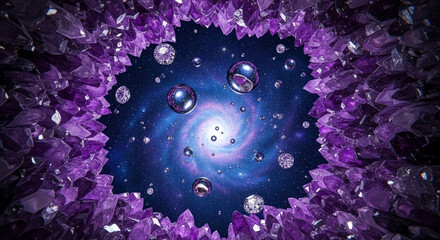 Vibrant purple amethyst crystals frame a swirling galaxy with floating spheres