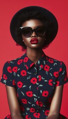 Elegant woman in floral shirt, dark sunglasses, and hat against a red backdrop exudes sophistication and style with bold red lipstick.
