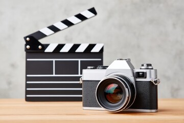 Fototapeta premium Vintage camera positioned on wooden table beside a classic film clapperboard, showcasing the essence of photography and filmmaking in a creative workspace environment