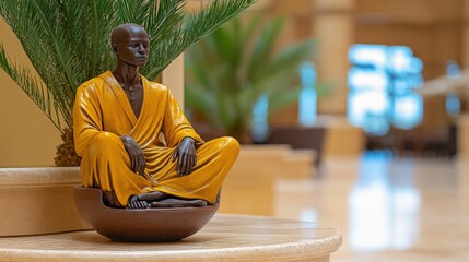 Statue of a meditating figure on a marble table with a blurred background. The figure is dressed in bright yellow robes.