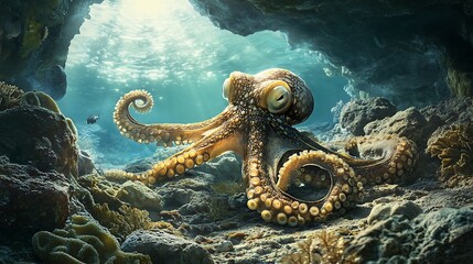 Wild octopus captured blending into natural marine habitat high resolution picture