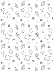 autumn doodle black white pattern with leaves, acorn and nuts 