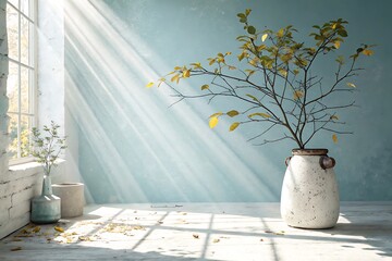 "Sunlit Interior with Rustic Vase and Autumn Branches by a Window"

