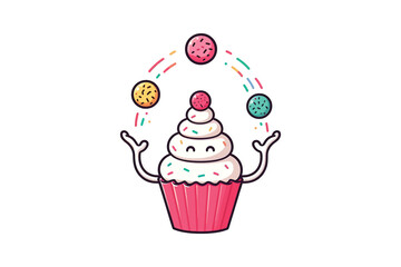 A cupcake trying to juggle sprinkles, flat vector art, white background