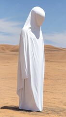 Mysterious figure draped in white in the desert, the image evokes a sense of anonymity and otherworldliness.