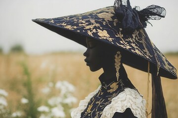 Elegant woman in wide-brimmed hat with gold detailing, posing in a field, showcasing high fashion and striking profile.