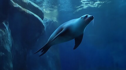Blue whale shown beneath ocean surface gliding peacefully high resolution picture