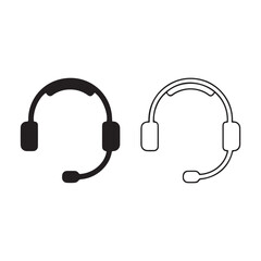 Two simple graphic icons of headphones with microphones one solid black and one outlined in black on a white background