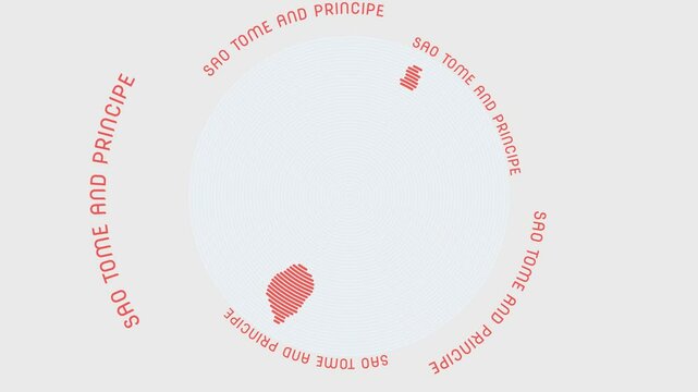 Sao Tome and Principe shape with dynamic circles visual effect. Animation of Sao Tome and Principe logo appearing from rotating rings and Country name around the shape.