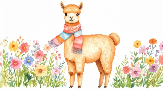 Cute Alpaca in a Flower Garden - An adorable watercolor illustration of a light brown alpaca wearing a colorful scarf, standing amidst a vibrant field of wildflowers.