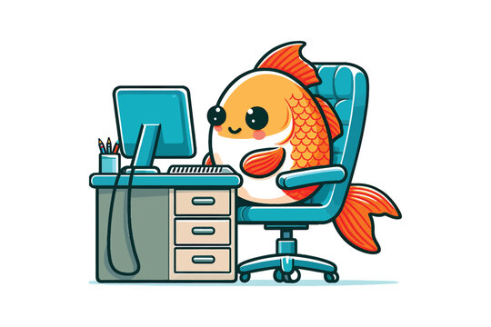 A fish in a tiny office chair, typing on a computer, flat vector style, white backgrond