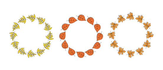 Frame round set, banner autumn. Abstract autumn leaves, wreath, leaf fall. Hello autumn, inscription. Hand lettering, doodle, drawings. Natural botanical background.