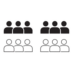 Two sets of three simple human figure icons one set solid black and the other outlined in black on a white background