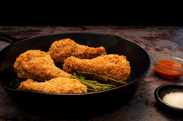 A plate of fried chicken legs in a cast-iron skillet. 