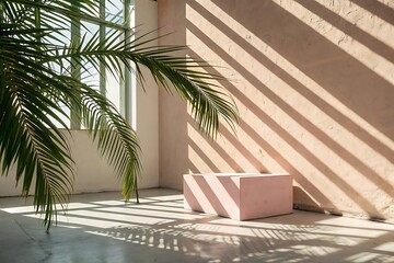 "Sunlit Minimalist Interior with Palm Shadows and Pink Bench"

