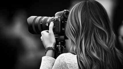 Photographer focusing camera lens, capturing images with precision. View from behind, showcasing hair and professional equipment.