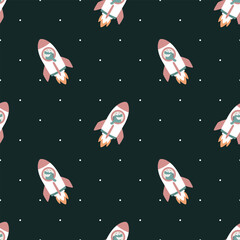 Seamless print with funny dinosaur on rocket.
