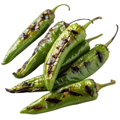 Freshly grilled green serrano peppers with char marks isolated on transparent background