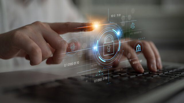 Cybersecurity system interface with biometric lock and data protection. Cybersecurity protects access, identity, cyber security prevents threats, and cyber security supports digital systems. Latch