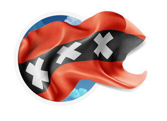 Amsterdam, vector 3d flag against a blue sky, through a round hole on a white background