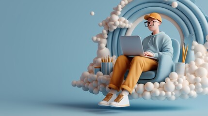 Minimalist 3D Floating People in Work and Productivity Situations, Pastel Colors, Clean Modern Background, Perfect for Stock and Digital Projects. creative stock, digital career, tech environment, off