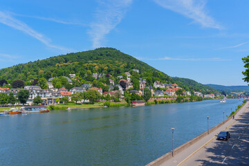 Fototapeta premium Scenic River View Of Heidelberg With Lush Green Hills And Blue Sky