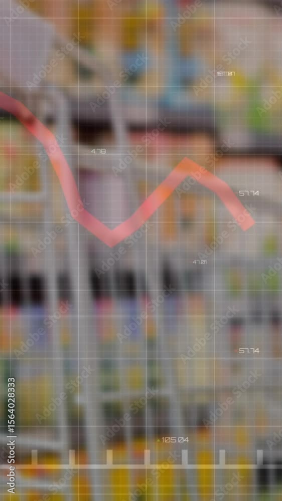 Poster animation of statistics and data processing with red line over empty shopping trolley