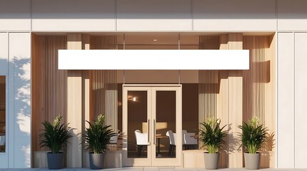 High-resolution image of a contemporary coffee storefront with minimalist wooden paneling and large floor-to-ceiling windows. A pristine white horizontal name board sits above the entrance.