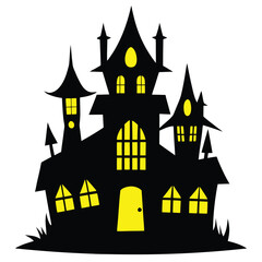 
Spooky Halloween haunted house on a hill with bats and pumpkins under a full moon, a scary cartoon vector illustration