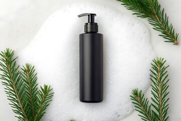 "Overhead Shot of Black Cosmetic Pump Bottle on Foam with Pine Sprigs &ndash; Natural Skincare Concept"

