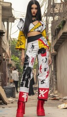 Street-style fashion: Woman in bold, artistic outfit and platform boots poses in alley with unique flair, blending art with urban edge.