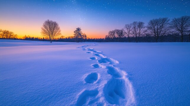Snowy path at dawn, footprints