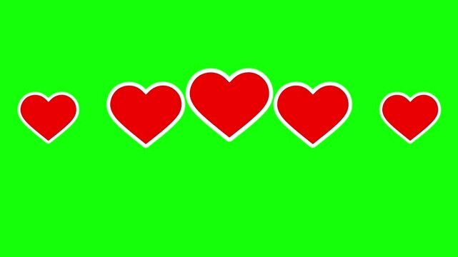 animation of five red hearts bouncing on green background