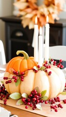 Autumn centerpiece with pumpkins and candles for festive decoration