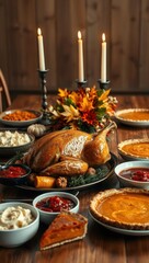 Festive Thanksgiving dinner with roasted turkey, pies, and autumn decorations