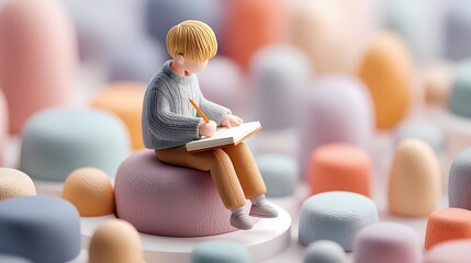 Minimalist 3D Floating People in Work and Productivity Situations, Pastel Colors, Clean Modern Background, Perfect for Stock and Digital Projects. creative stock, digital career, tech environment, off