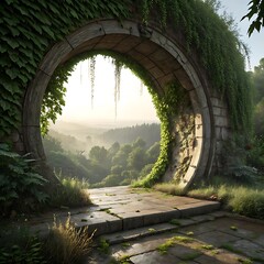 "Moss-Covered Stone Archway Overlooking Lush Forest at Sunrise &ndash; Enchanted Nature Landscape"

