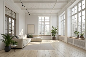 Fototapeta premium Minimalist room with large windows and light wood flooring 