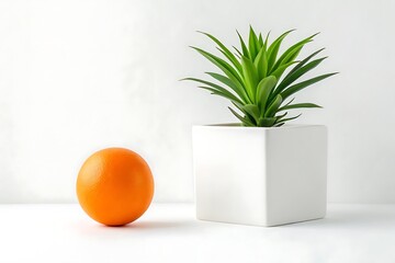 Minimalist Shelf Decor with Orange Fruit and Green Plant in Modern White Pot"

